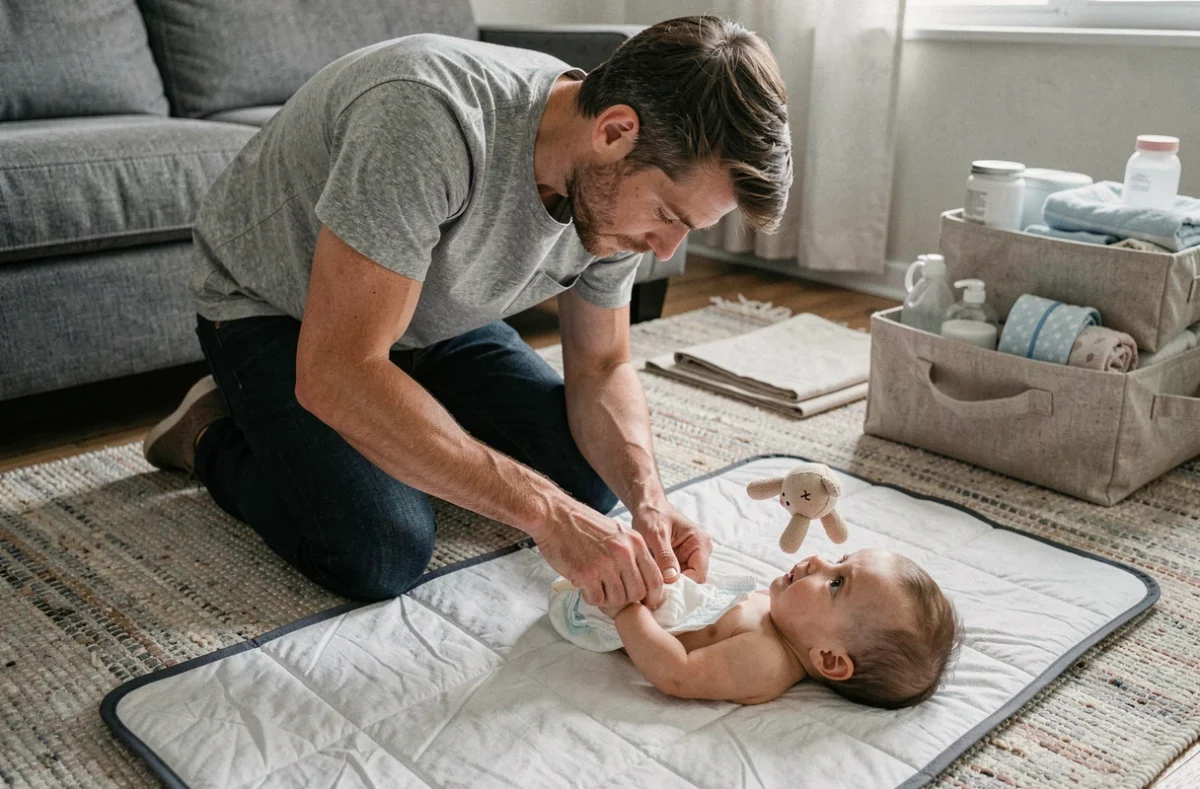 Papa changeant son bébé sur un tapis à langer portable posé sur le sol du salon familial