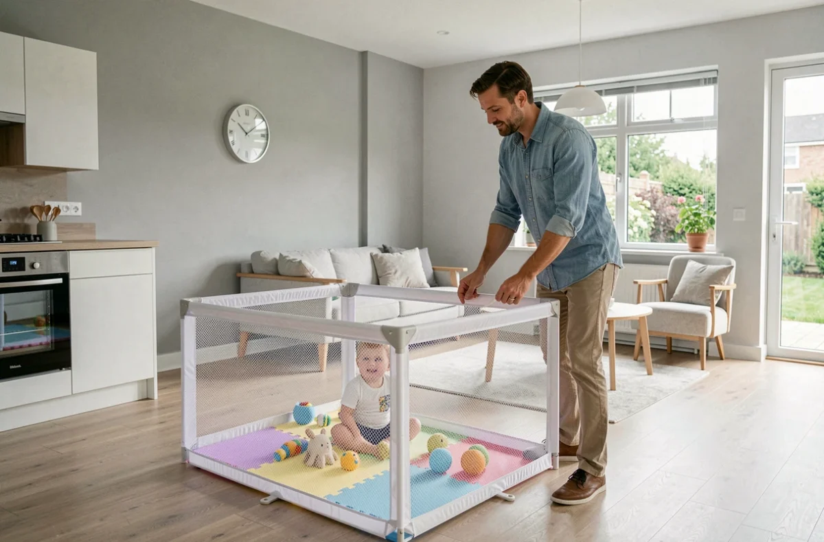 Père installant un parc bébé en filet blanc dans un salon moderne pour sécuriser l'espace de jeu