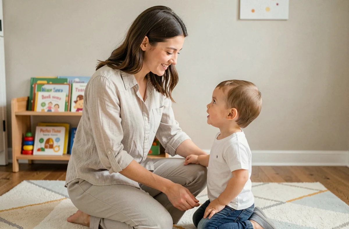 Maman agenouillée au niveau de son enfant dans une chambre de bébé douce et accueillante, encourageant avec bienveillance l'apprentissage de la propreté sans pression