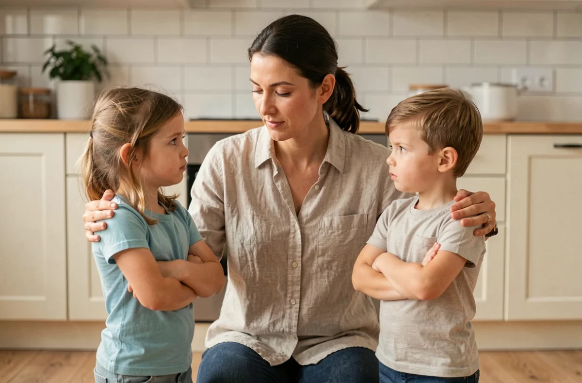 Une mère intervenant calmement pour désamorcer une dispute entre ses deux enfants dans la cuisine familiale