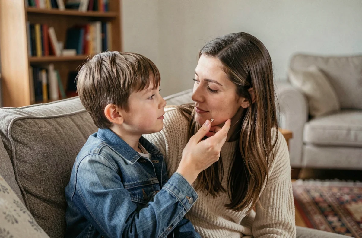 Parent inspectant la dent de lait de son enfant à la maison pour vérifier si elle est prête à tomber
