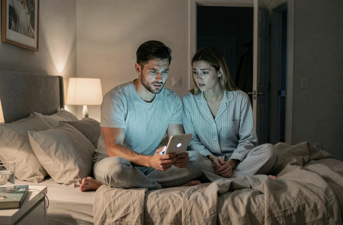 Couple de parents assis sur leur lit la nuit, regardant ensemble un babyphone avec une expression de questionnement inquiet
