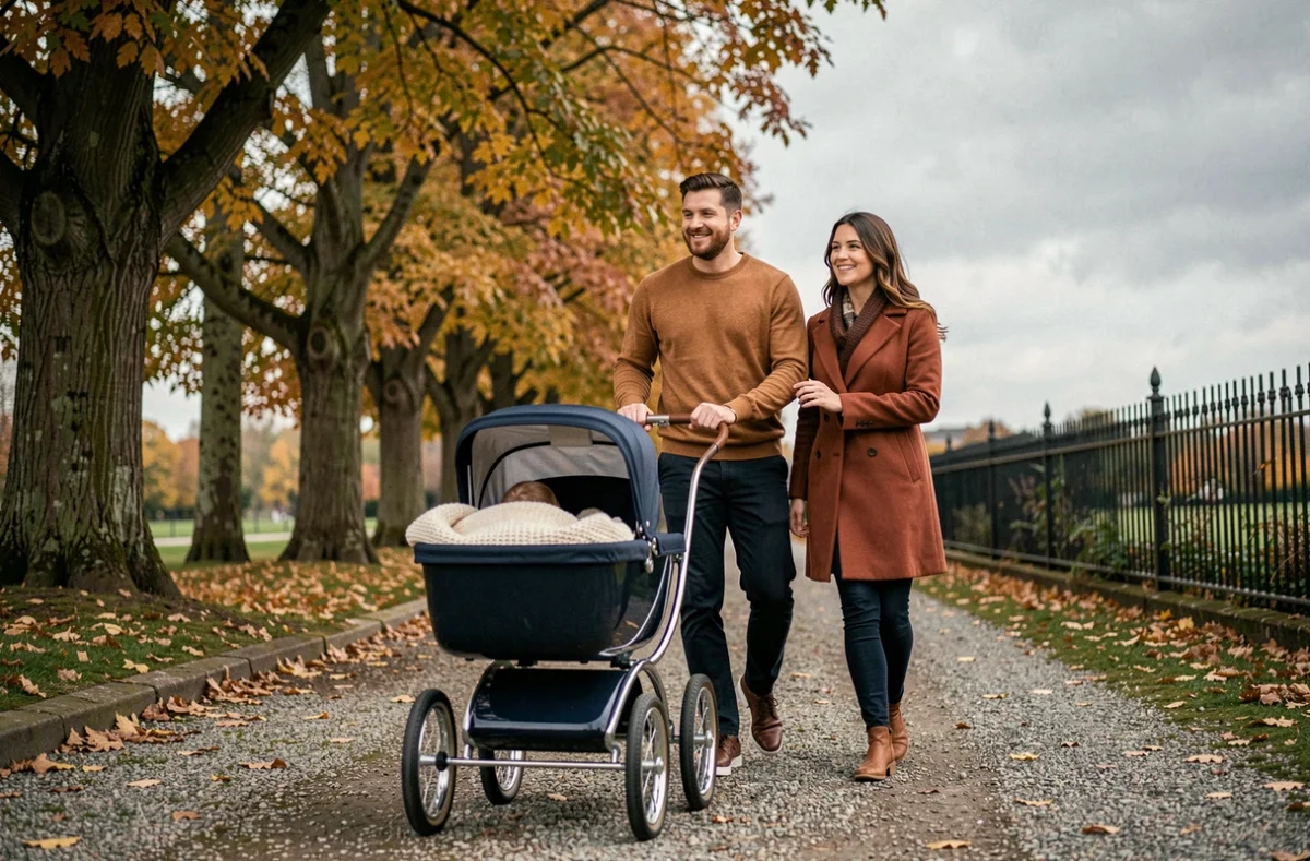 Parents promenant leur nouveau-né en landau dans un parc aux couleurs automnales