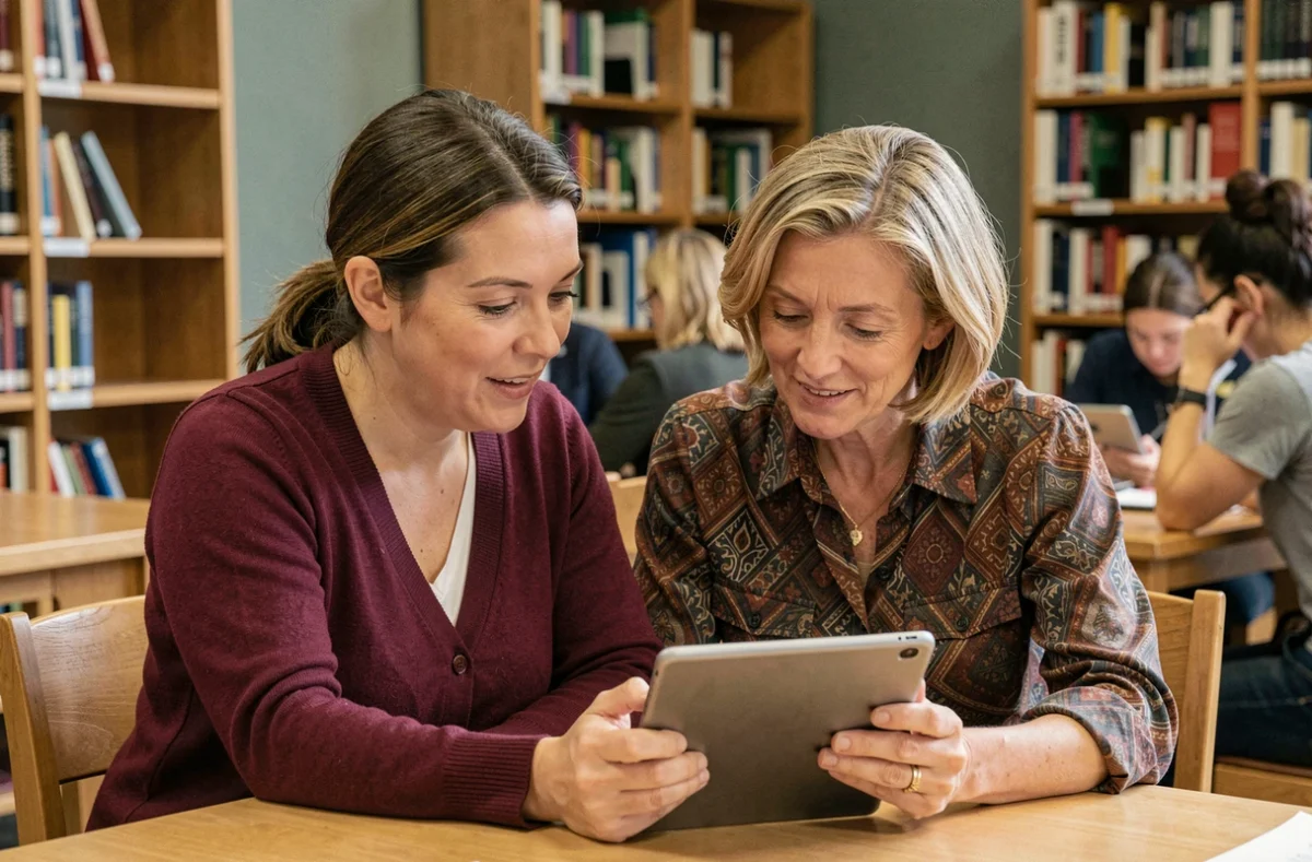 Deux mères de famille consultant ensemble une tablette numérique lors d'un atelier proposé par la mairie dans une bibliothèque municipale