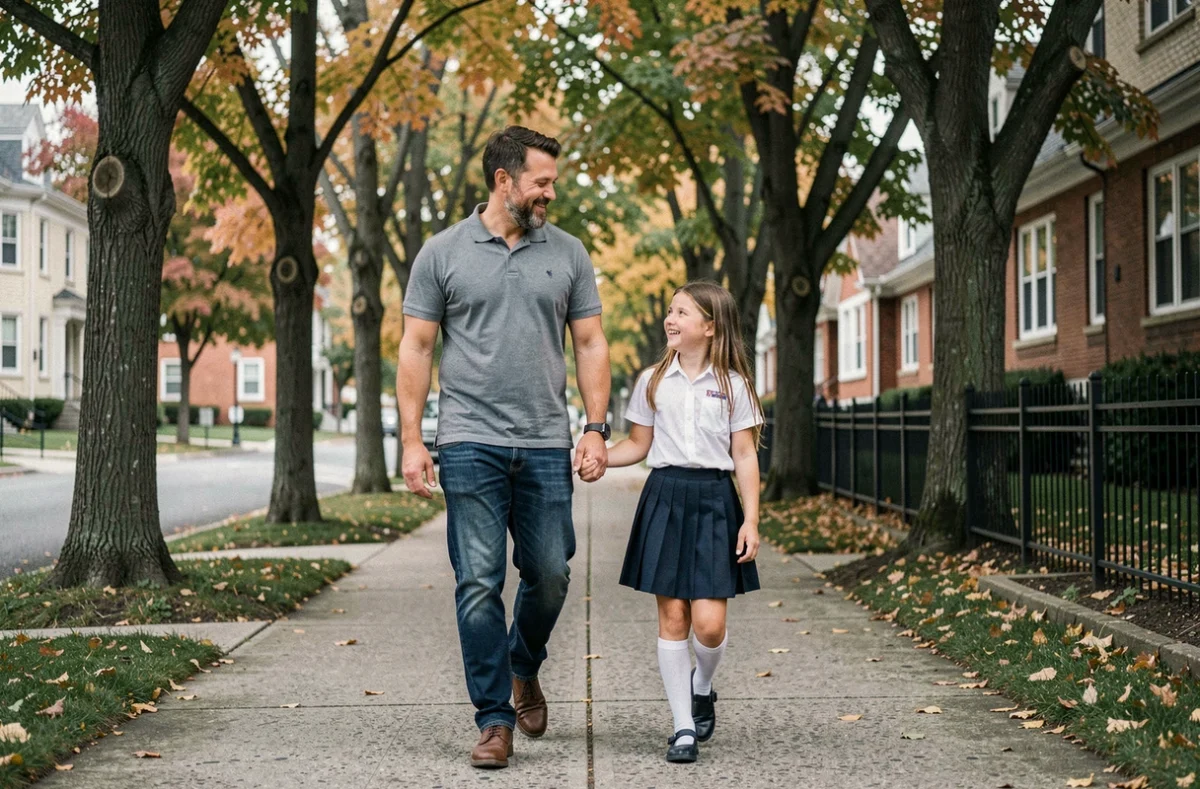 Père accompagnant sa fille à l'école à pied lors d'une rentrée scolaire dans un quartier résidentiel