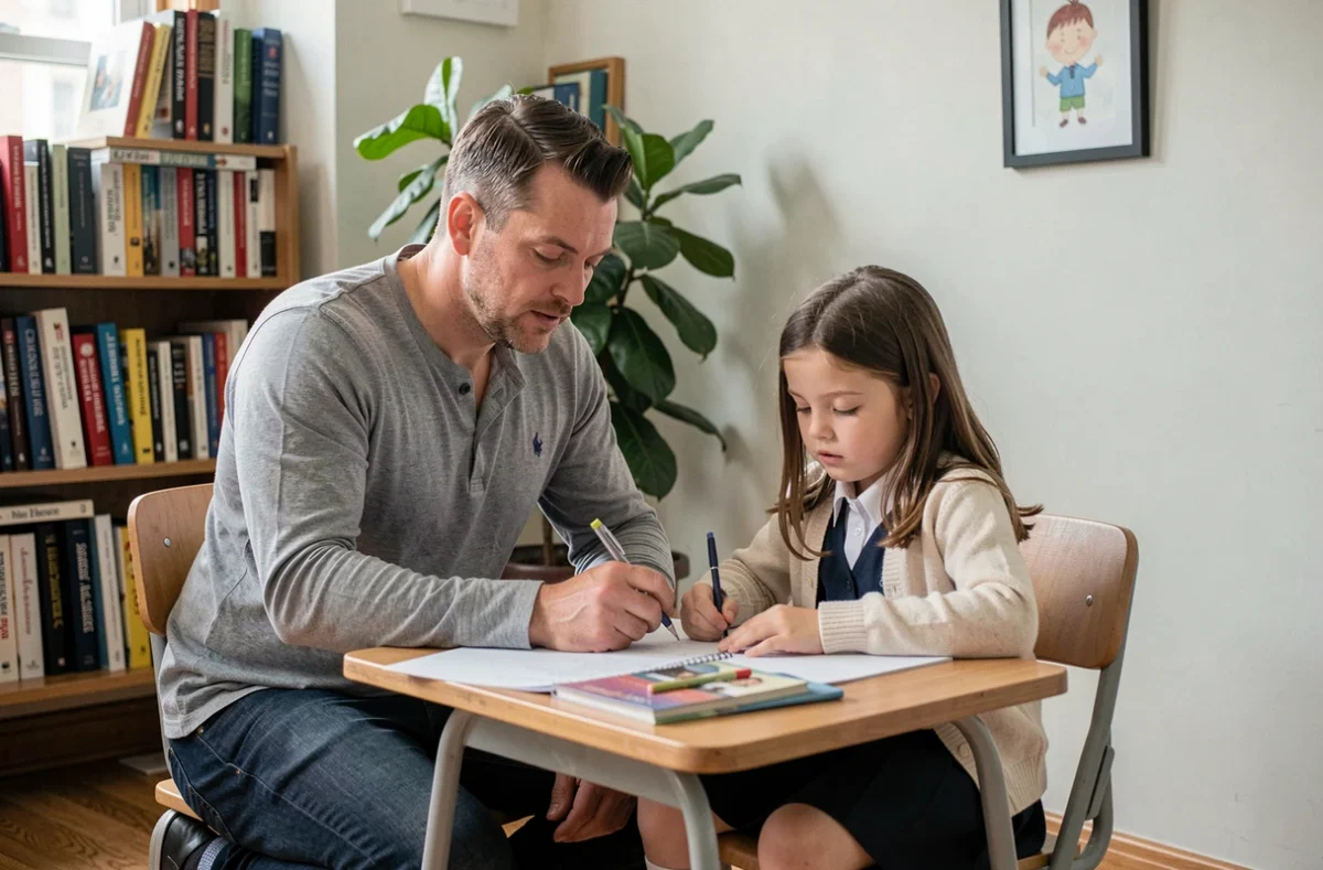 Père aidant sa fille à faire ses devoirs dans un appartement urbain contemporain