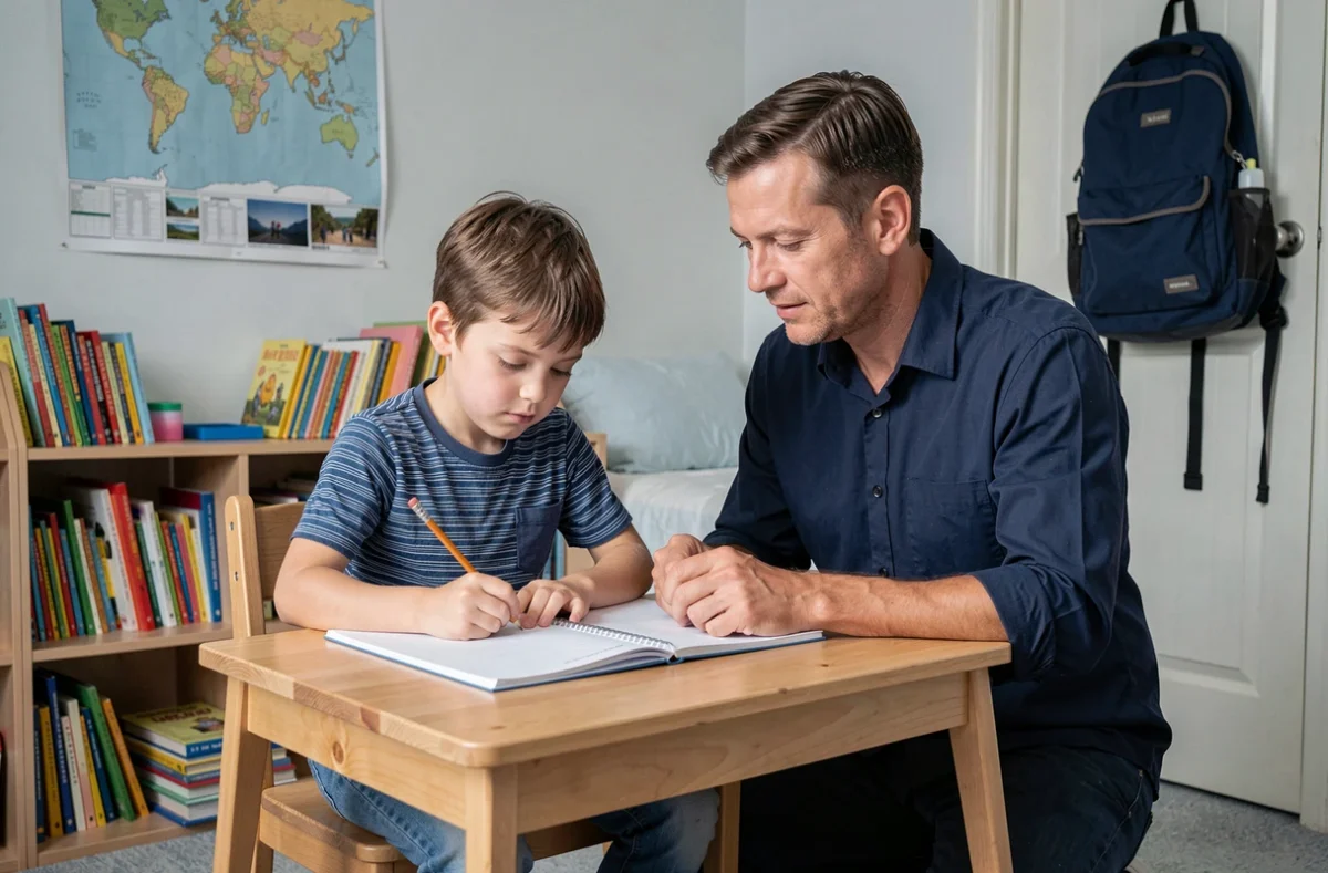 Père accompagnant son fils dans ses exercices scolaires dans une chambre d'enfant