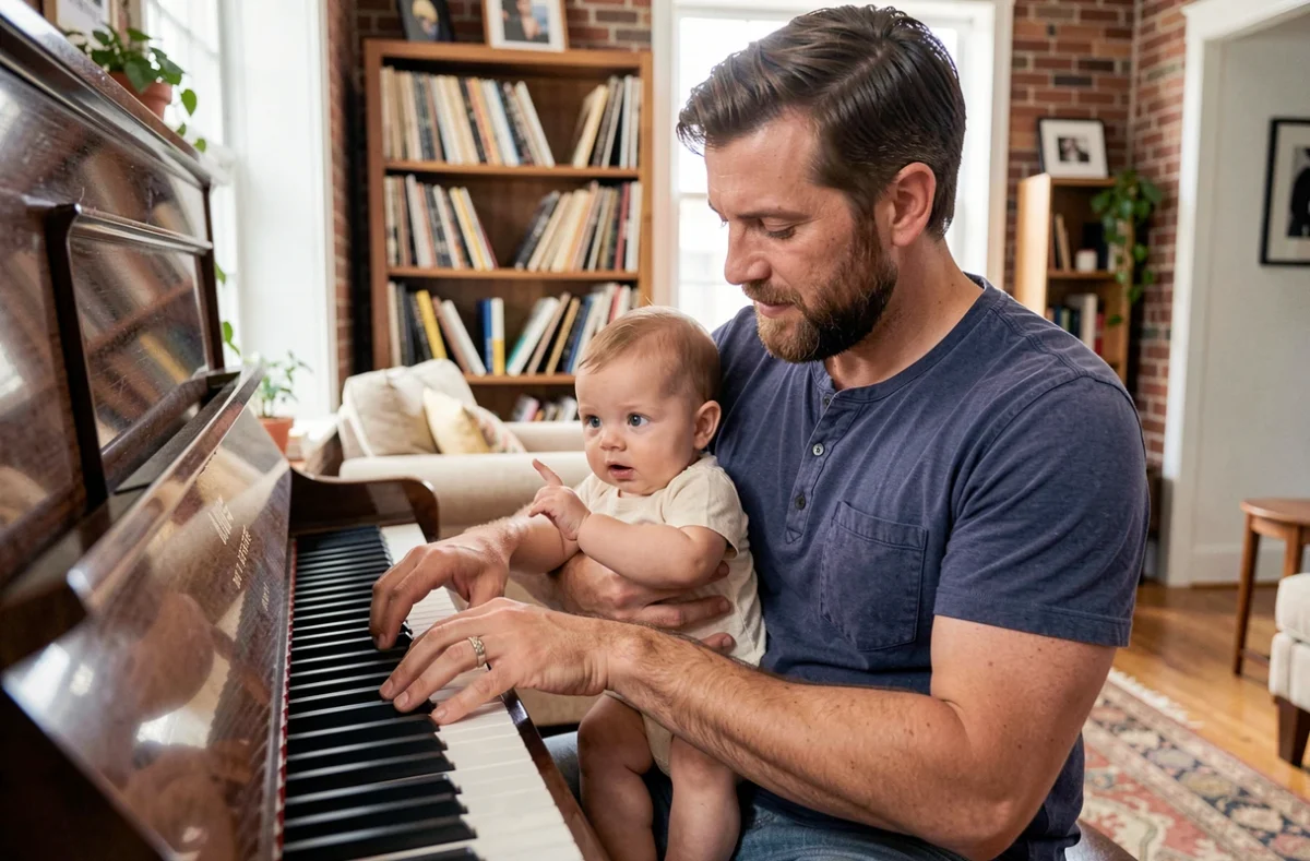Père tenant son bébé sur ses genoux devant un piano et guidant sa petite main sur les touches dans un salon chaleureux