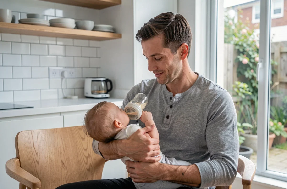 Père donnant le biberon à son bébé dans une cuisine moderne, moment de complicité familiale au quotidien