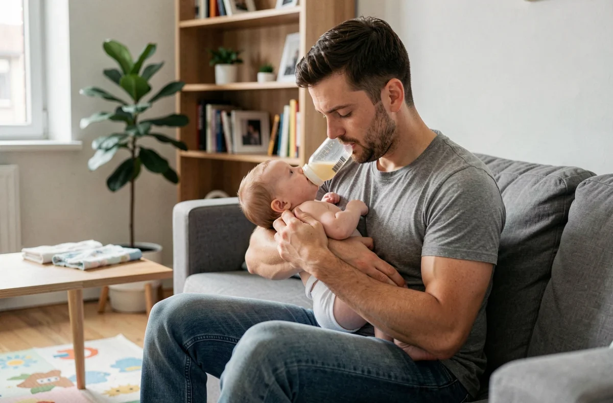 Père donnant le biberon à son bébé de deux mois dans un salon moderne et cosy
