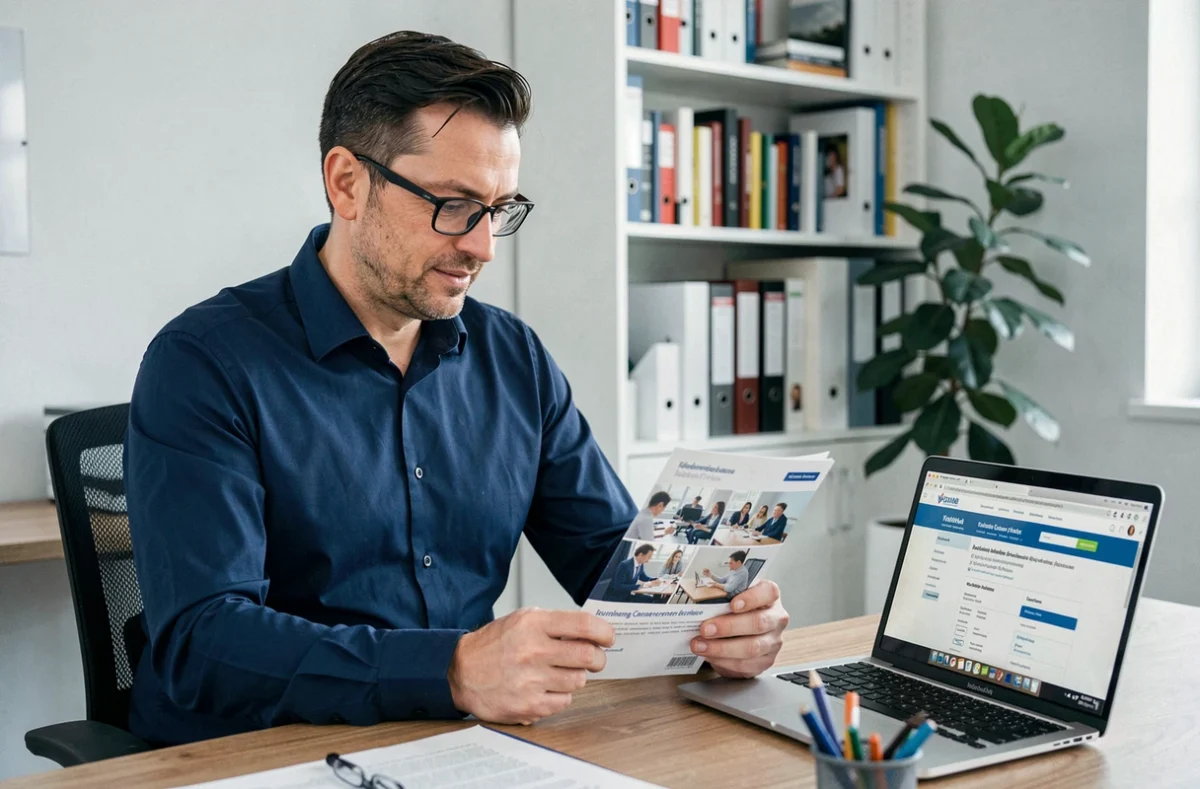 Père consultant une brochure d'assurance scolaire à son bureau à domicile avec un ordinateur portable affichant un site d'assurance