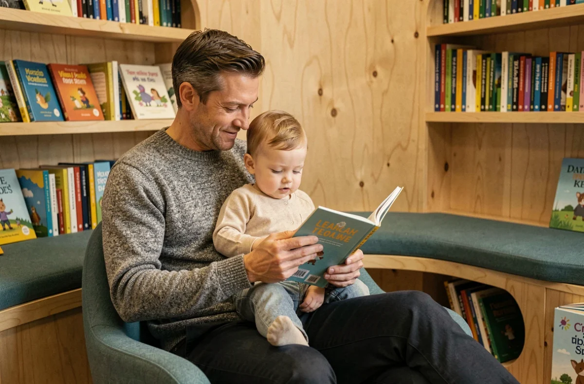 Père et enfant en bas âge partageant un moment de lecture dans un espace famille aménagé de bibliothèque