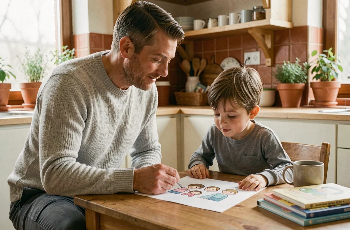 Père et fils regardant ensemble un dessin de famille à la cuisine, discussion bienveillante pour préparer l'enfant à l'arrivée d'un petit frère ou d'une petite sœur
