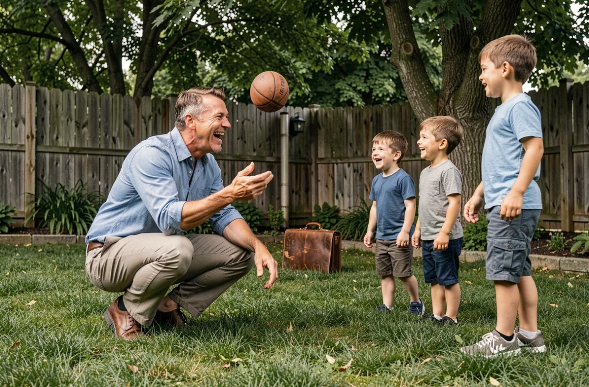 Père en tenue professionnelle jouant avec ses enfants dans le jardin après le travail, symbole d'équilibre entre carrière et famille