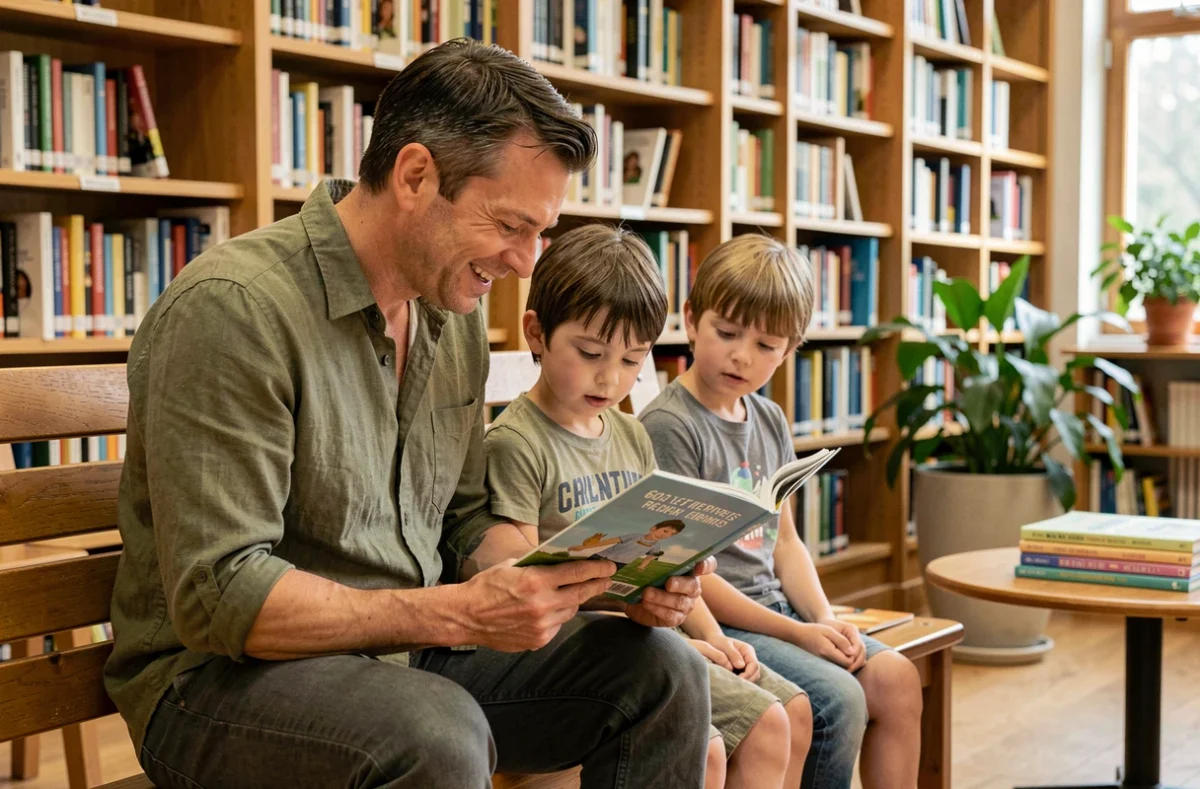 Père lisant un livre à voix haute à deux enfants dans une bibliothèque publique entourée d'étagères de livres colorés