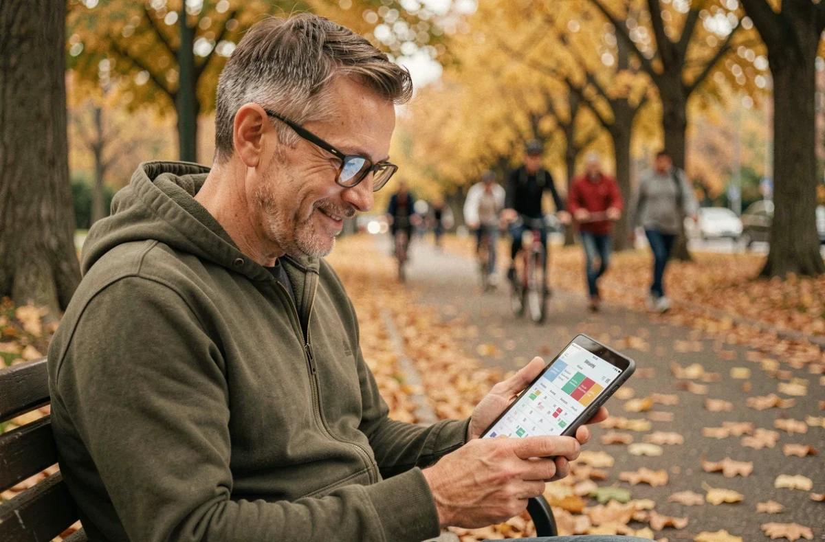 Père consultant un planning d'activités extrascolaires sur une tablette numérique dans un parc en automne