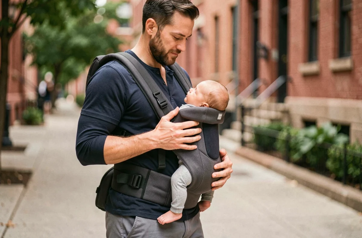 Père portant son nouveau-né en position M dans un porte-bébé ergonomique respectant le bon développement des hanches