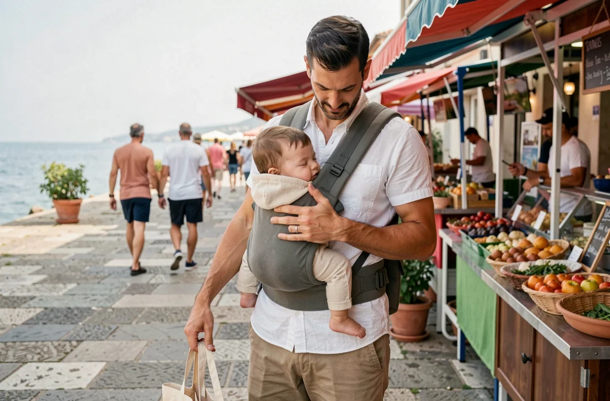 Père portant son bébé dans un porte-bébé lors d'une promenade en vacances au marché