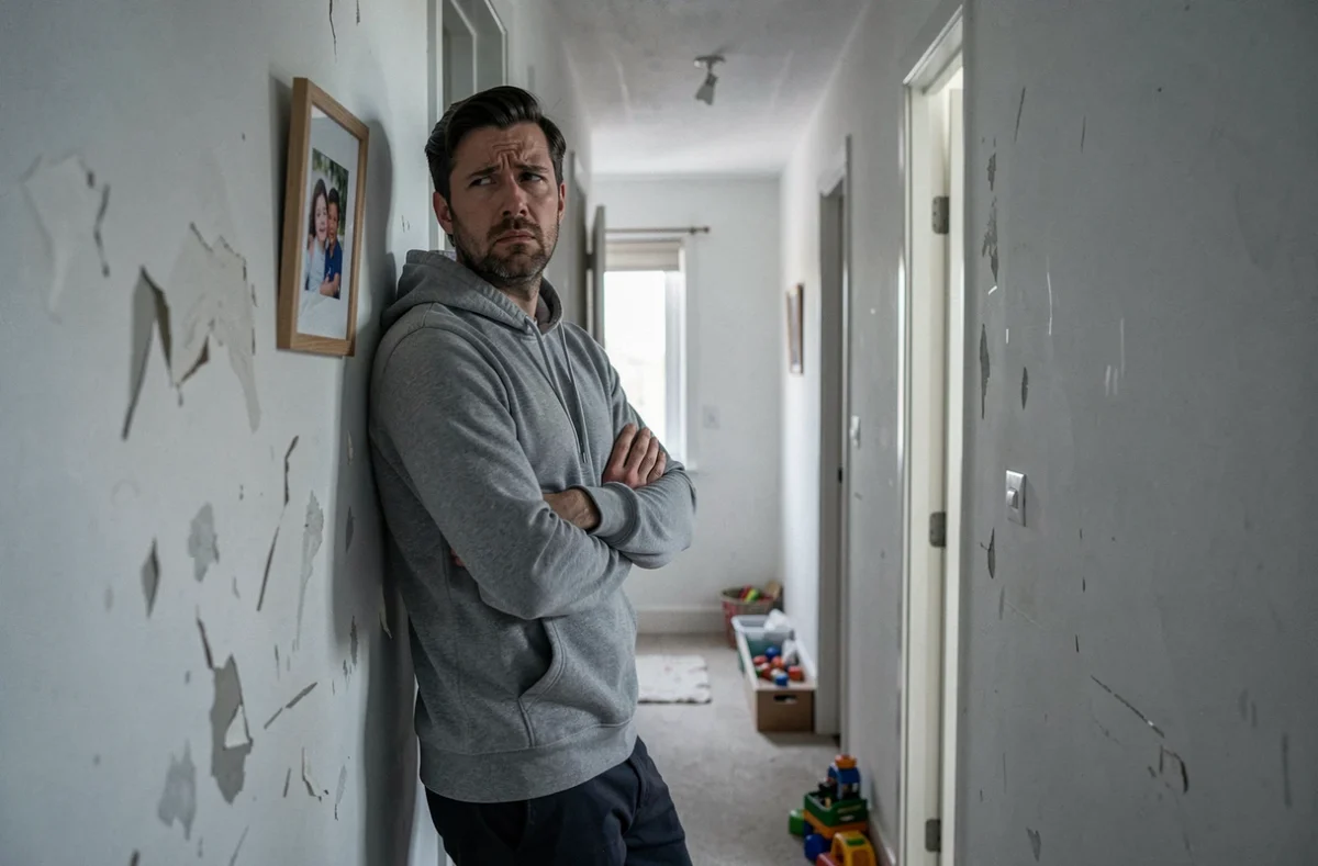 Père stressé appuyé contre un mur de couloir devant la chambre de son enfant, exprimant une détresse parentale silencieuse