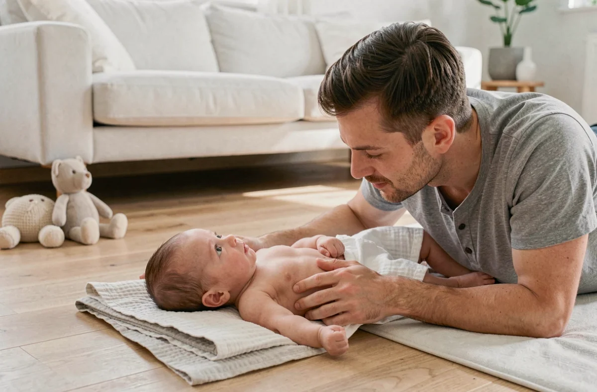 Père allongé sur un tapis d'éveil face à son nouveau-né dans un salon moderne et lumineux