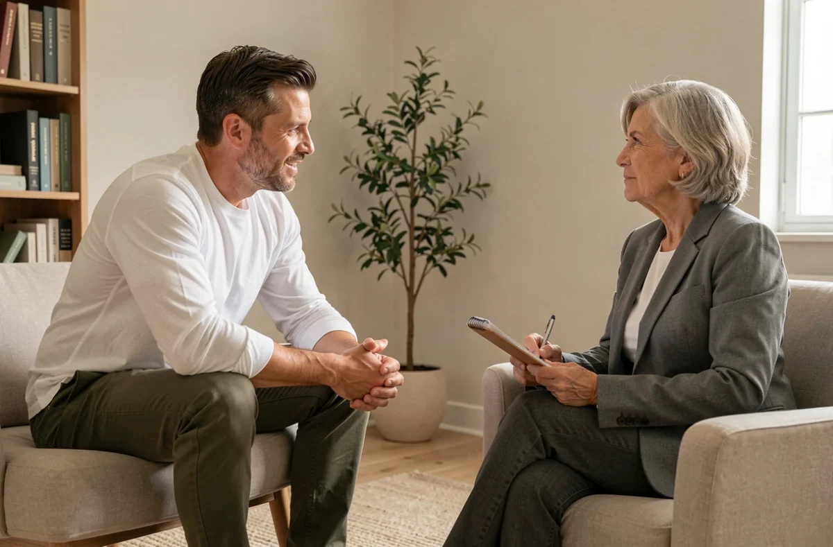 Père en consultation avec une thérapeute dans un cabinet de soutien psychologique, illustrant la recherche d'aide contre le burn-out parental