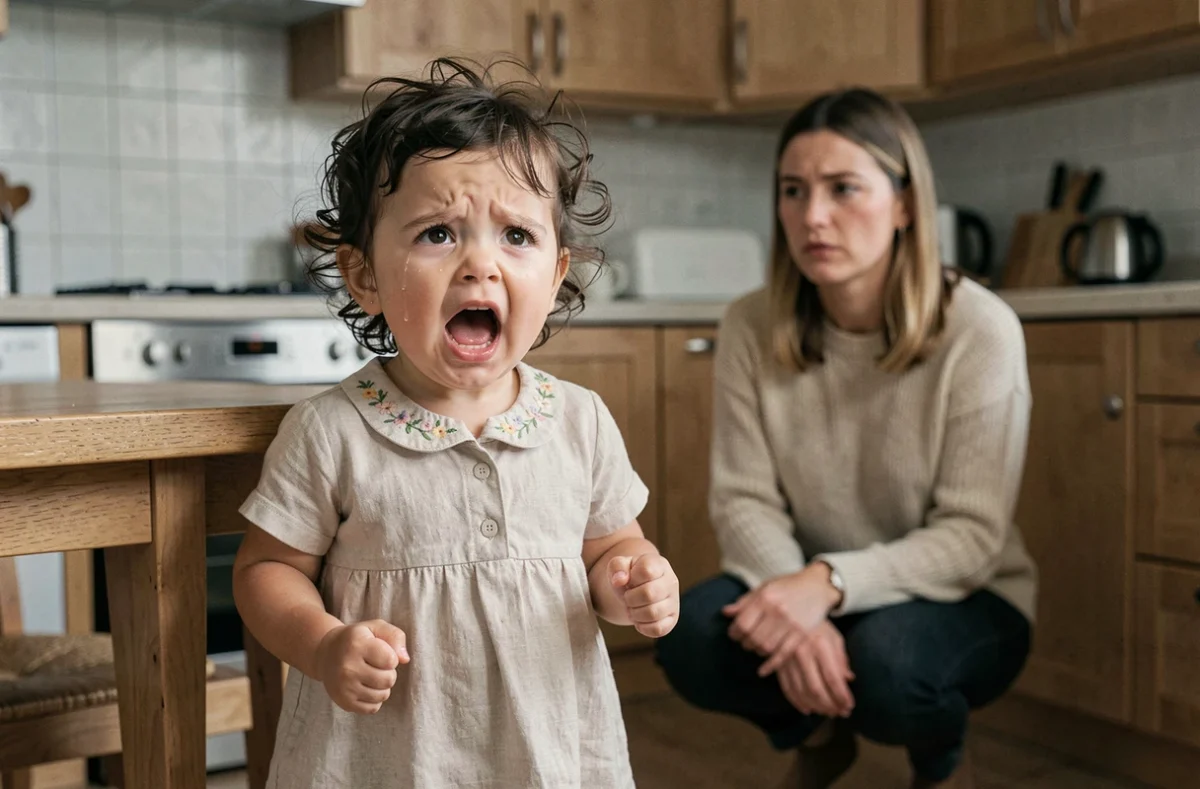 Petite fille surdouée en crise de larmes dans une cuisine moderne, avec une mère attentive en arrière-plan adoptant une posture bienveillante