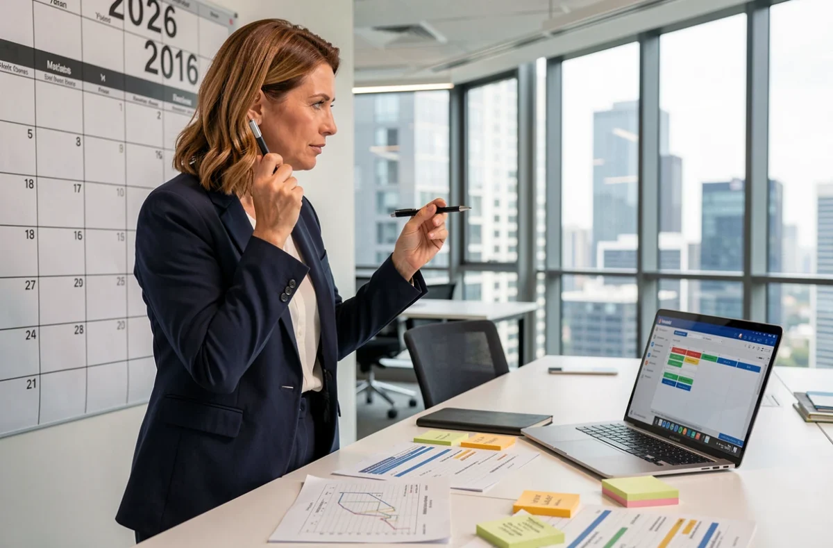 Planificatrice d'événements professionnelle révisant un calendrier 2026 dans un bureau moderne avec documents et ordinateur portable