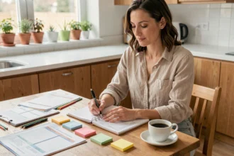 Mère organisée qui planifie la rentrée scolaire avec un agenda et des listes de fournitures sur une table en bois