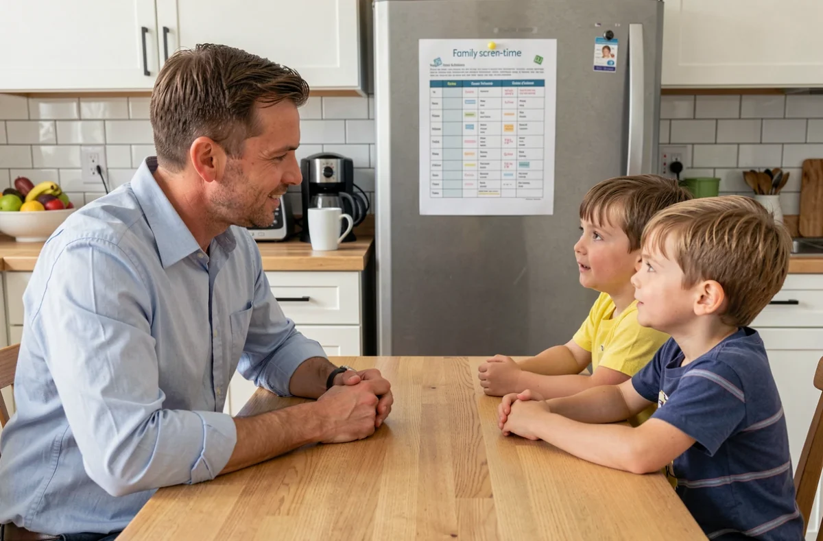 Père expliquant un planning d'utilisation des écrans à ses deux enfants dans une cuisine familiale