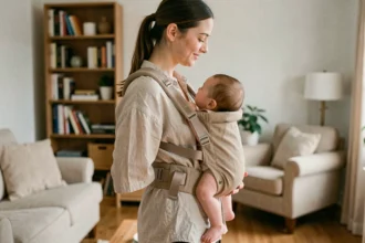Mère portant son bébé dans un porte-bébé à assise étroite, position jambes pendantes pouvant causer des problèmes de hanches