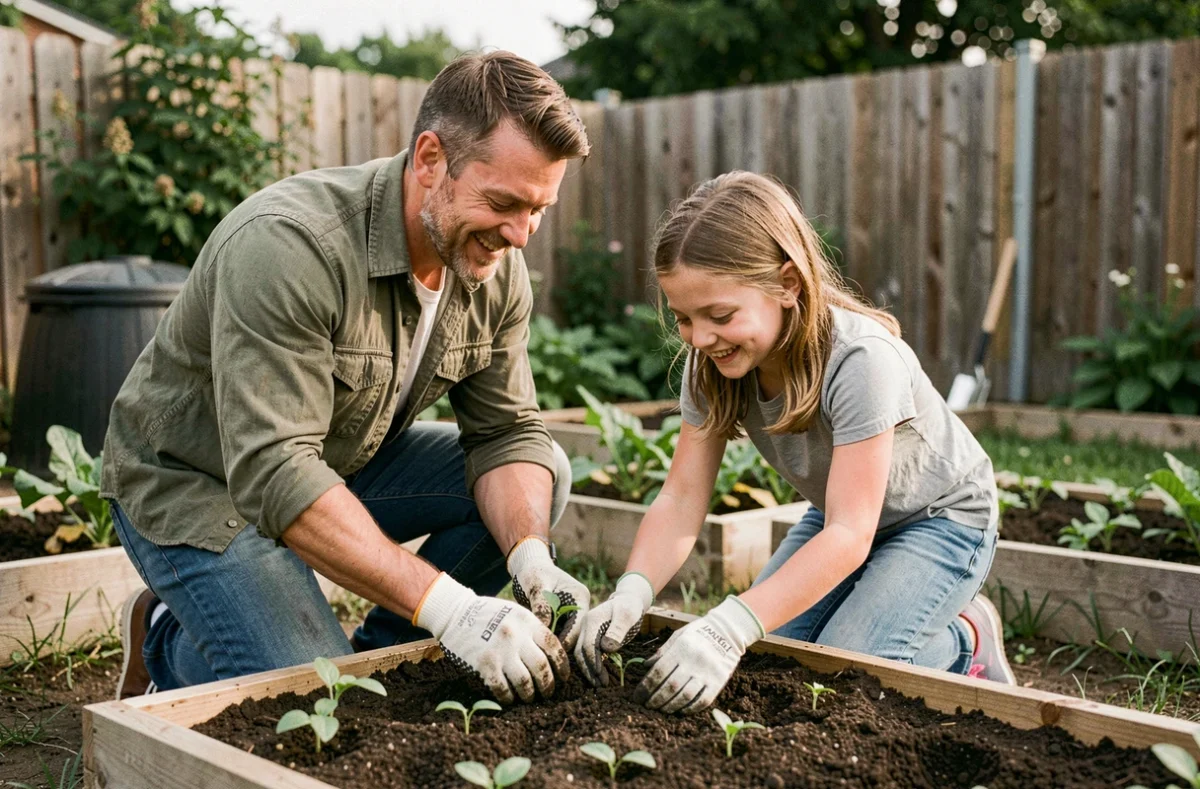Père et enfant plantant des légumes dans un potager familial pour cultiver des habitudes durables et écoresponsables