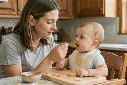 Mère donnant une première purée de carotte à son bébé dans une cuisine familiale chaleureuse