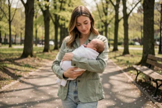 Jeune maman tenant son nouveau-né en promenade dans un parc verdoyant au printemps
