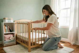 Jeune femme enceinte assemblant un berceau en bois dans une chambre de bébé décorée en vert sauge avec parquet chêne