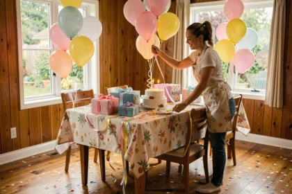 Femme préparant les décorations d'anniversaire pour enfants autour d'une table festive colorée à l'intérieur