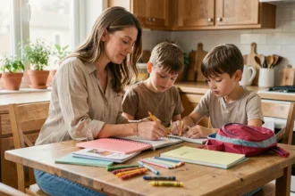 Mère et enfants préparant ensemble les fournitures scolaires à la maison pour la rentrée
