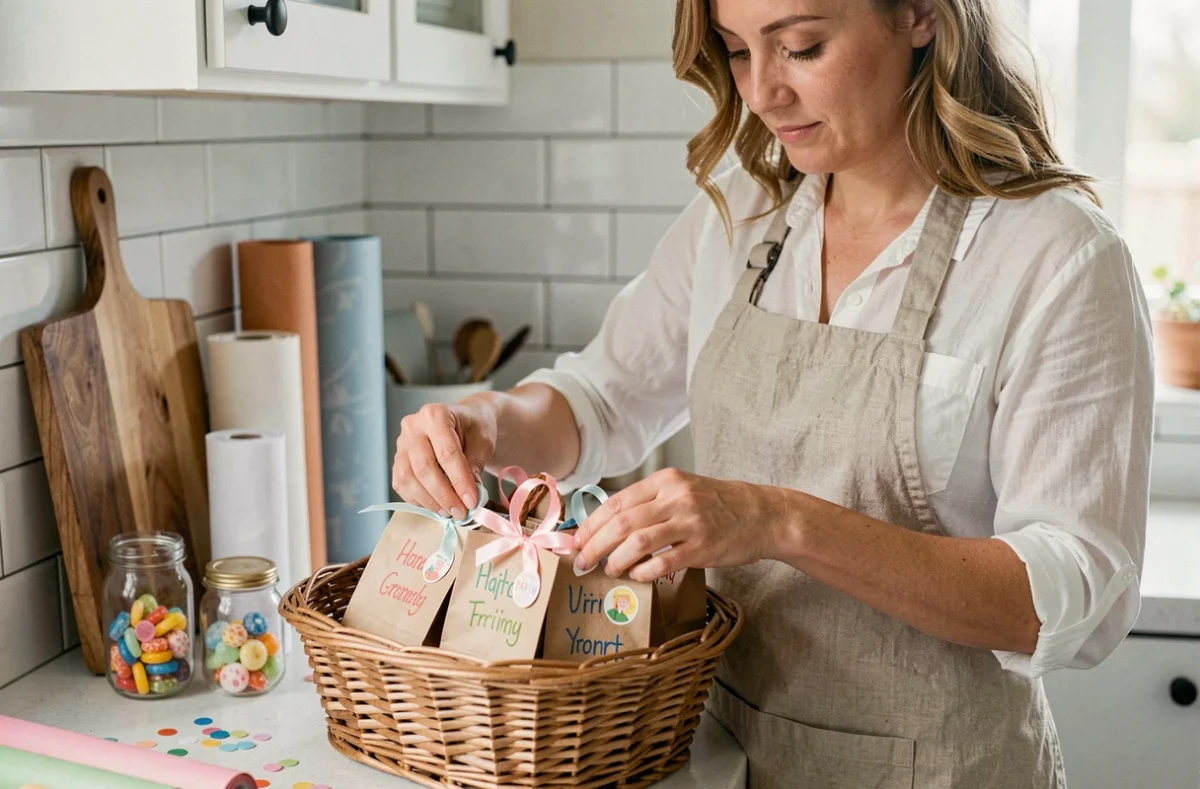 Mère préparant des sachets cadeaux artisanaux pour un anniversaire enfant dans une cuisine moderne