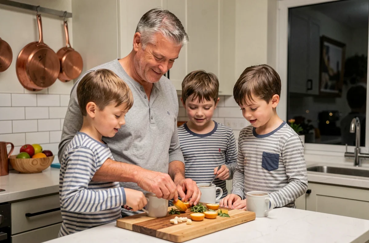 Père et ses fils préparant une tisane ensemble dans la cuisine lors d'un rituel du soir en famille