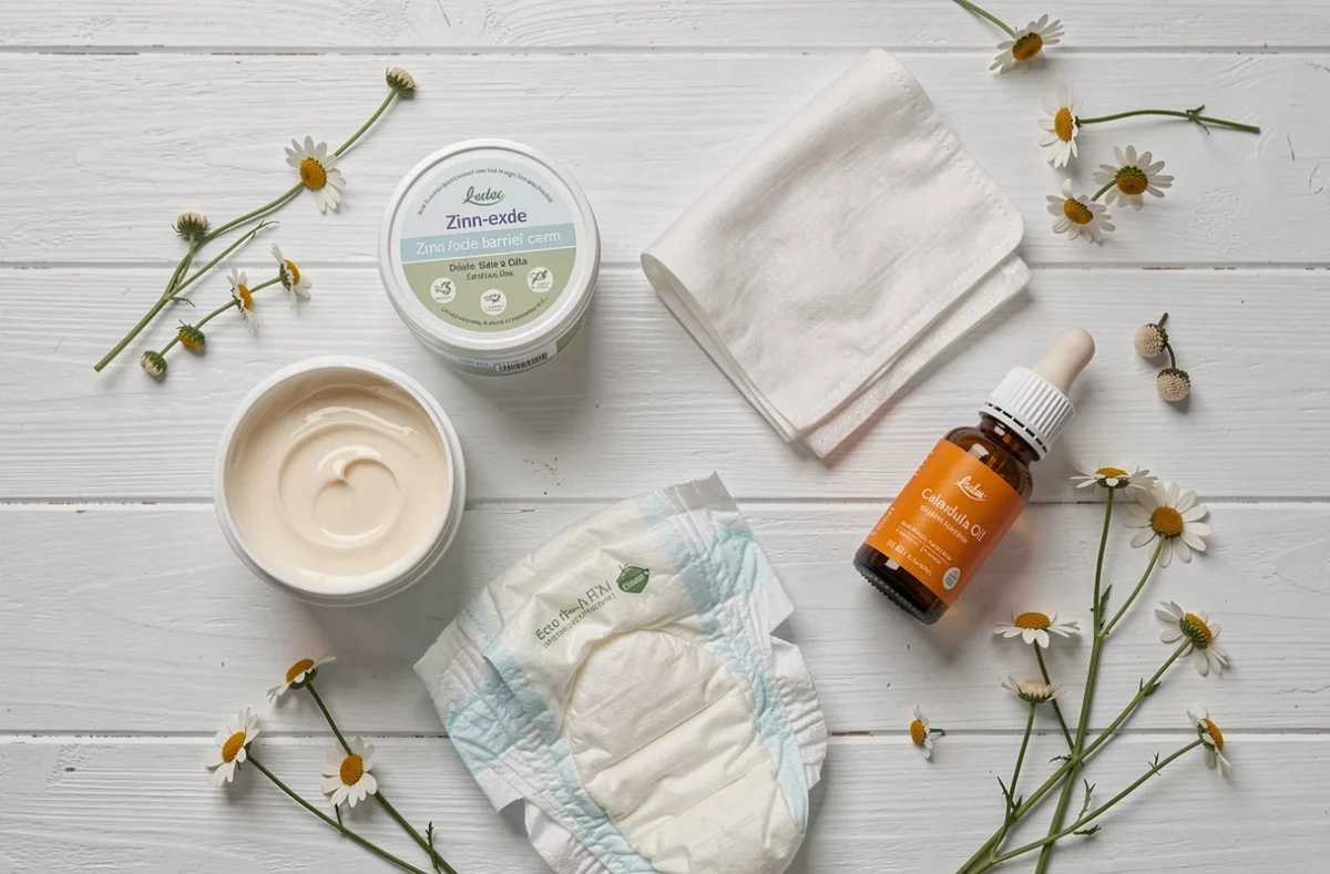 Produits naturels pour prévenir et soulager les irritations cutanées du bébé liées aux couches, posés sur une surface en bois blanc