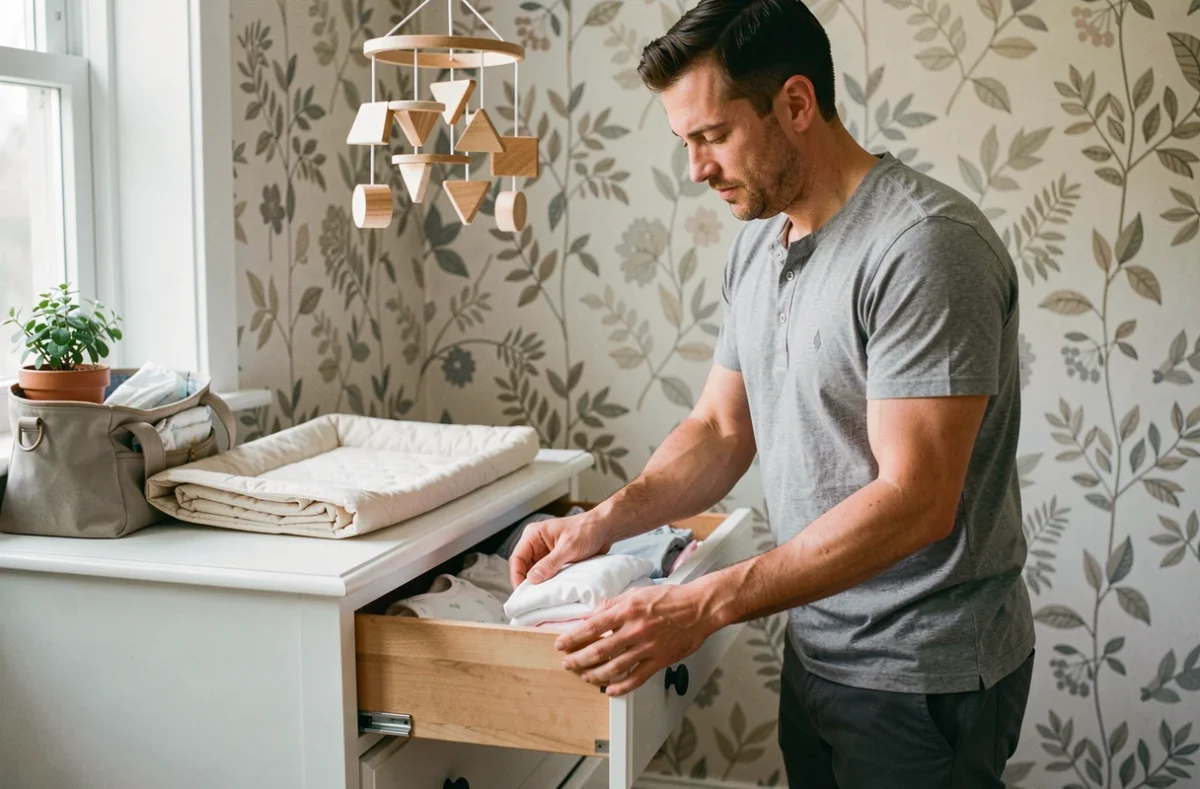 Père rangeant des vêtements de nouveau-né dans une commode blanche dans un coin nursery cosy avec mobile en bois
