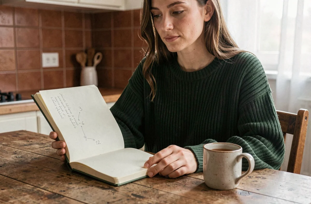 Femme écrivant la règle du 3 6 9 12 dans un journal intime à la table de sa cuisine
