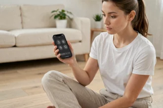 Jeune femme consultant la règle du 3 6 9 12 sur son smartphone dans un salon minimaliste