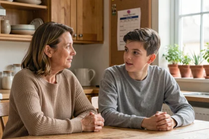 Mère et adolescent discutant des règles d'utilisation des écrans autour d'une table de cuisine avec un planning affiché