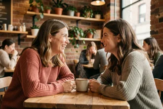 Deux femmes en conversation chaleureuse dans un café, illustrant des relations humaines authentiques et bienveillantes