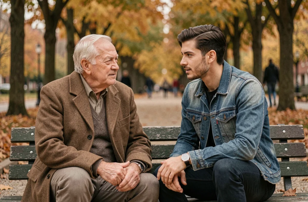 Homme âgé et jeune homme en discussion bienveillante sur un banc dans un parc en automne, évoquant le lien intergénérationnel
