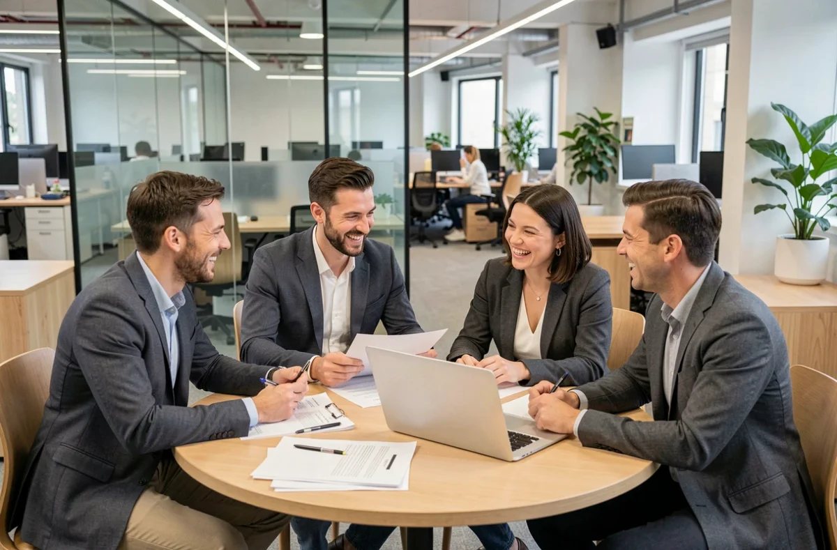 Groupe de collègues en réunion conviviale au bureau, symbolisant des relations professionnelles saines et collaboratives