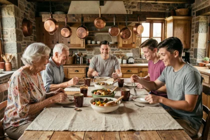Famille multigénérationnelle réunie autour d'une grande table en bois rustique pour un repas du dimanche, avec grand-mère, parents et adolescents partageant des plats faits maison dans une cuisine en pierre