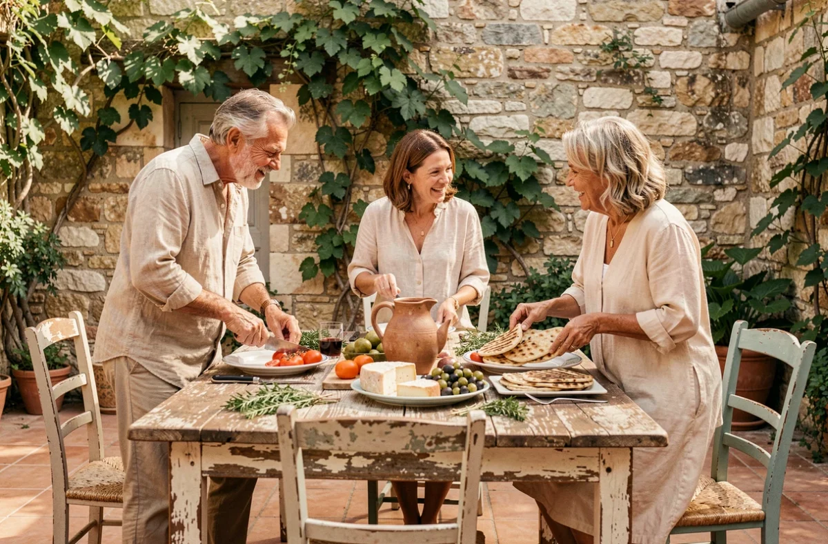 Trois frères et sœurs adultes partageant un repas convivial autour d'une table en plein air dans une cour méditerranéenne ensoleillée avec charcuteries, fromages et légumes frais