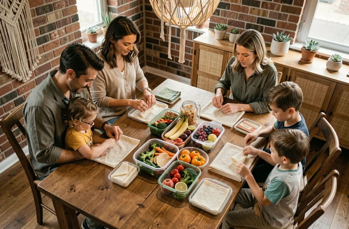 Famille préparant des repas zéro déchet avec des contenants réutilisables pour intégrer l'écoresponsabilité au quotidien