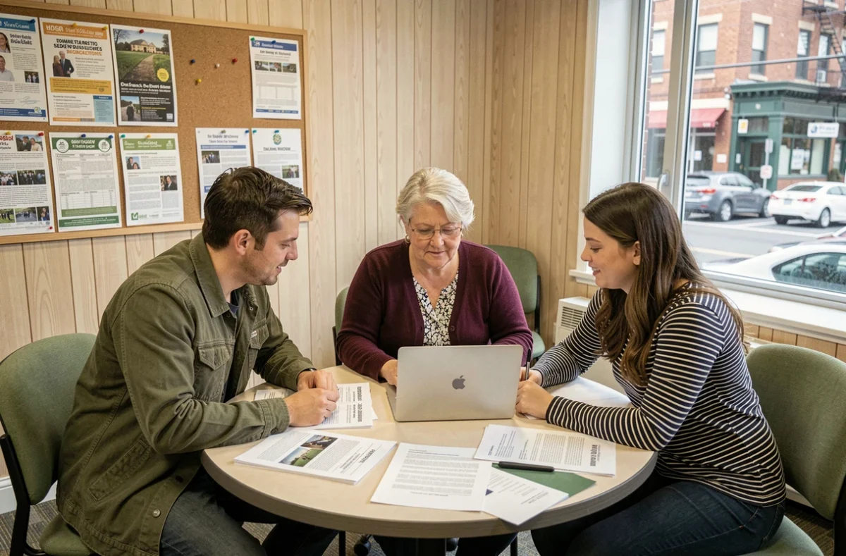 Membres d'une association locale collaborant autour d'une table pour développer des initiatives contre la précarité familiale